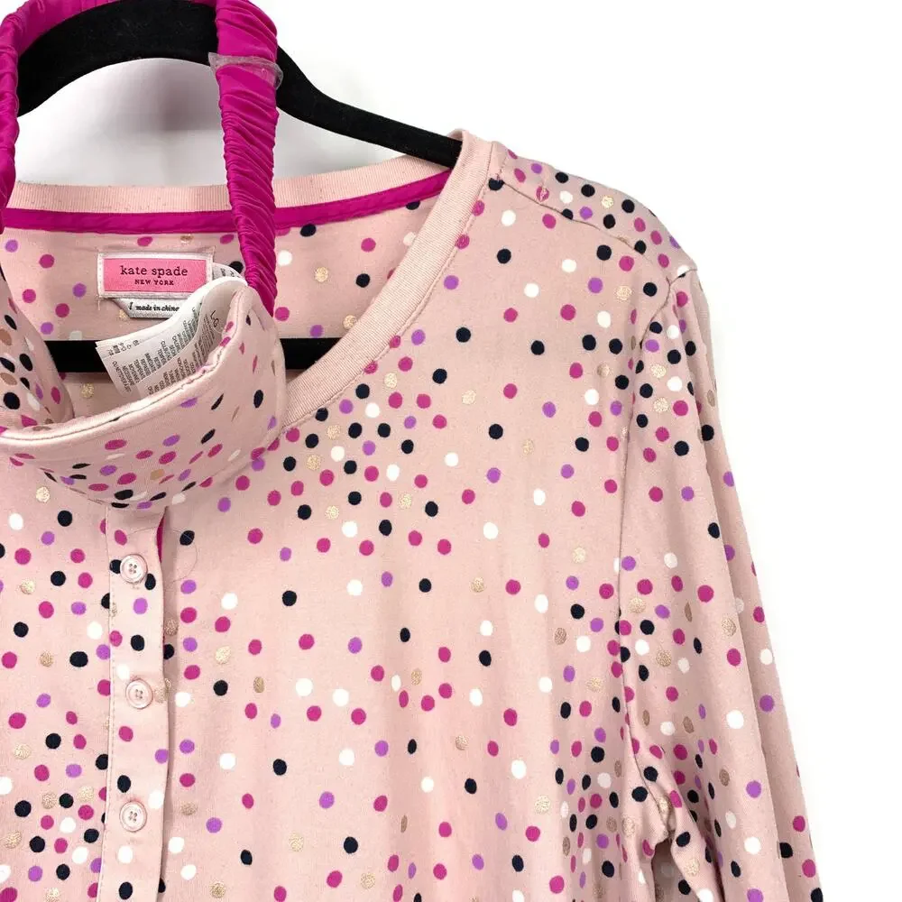 Kate Spade Pajama Set Womens Size L Pink Black Gold Polka Dot Novelty Print